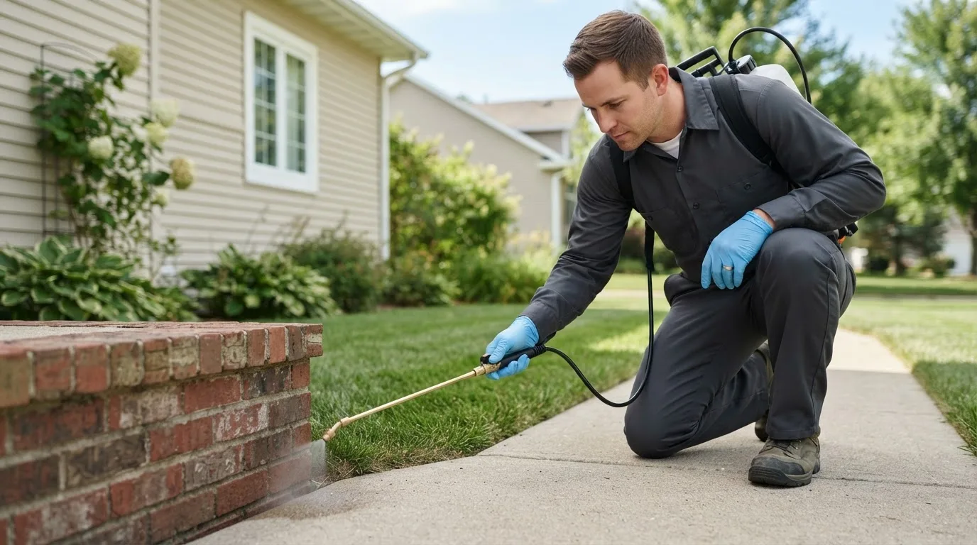 Pest control technician treating a home near Albert City, IA