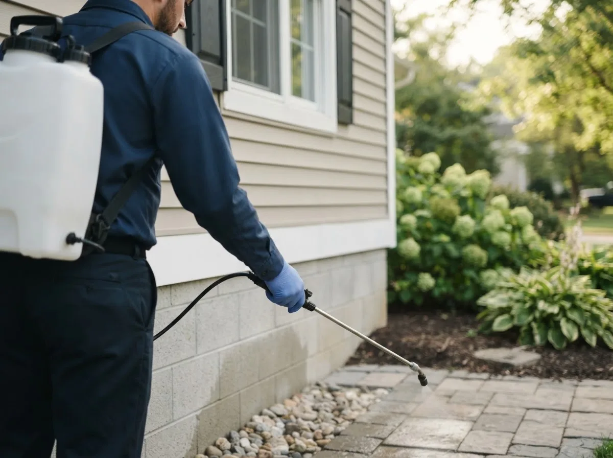 Pest control technician inspecting a home in Albert City, IA
